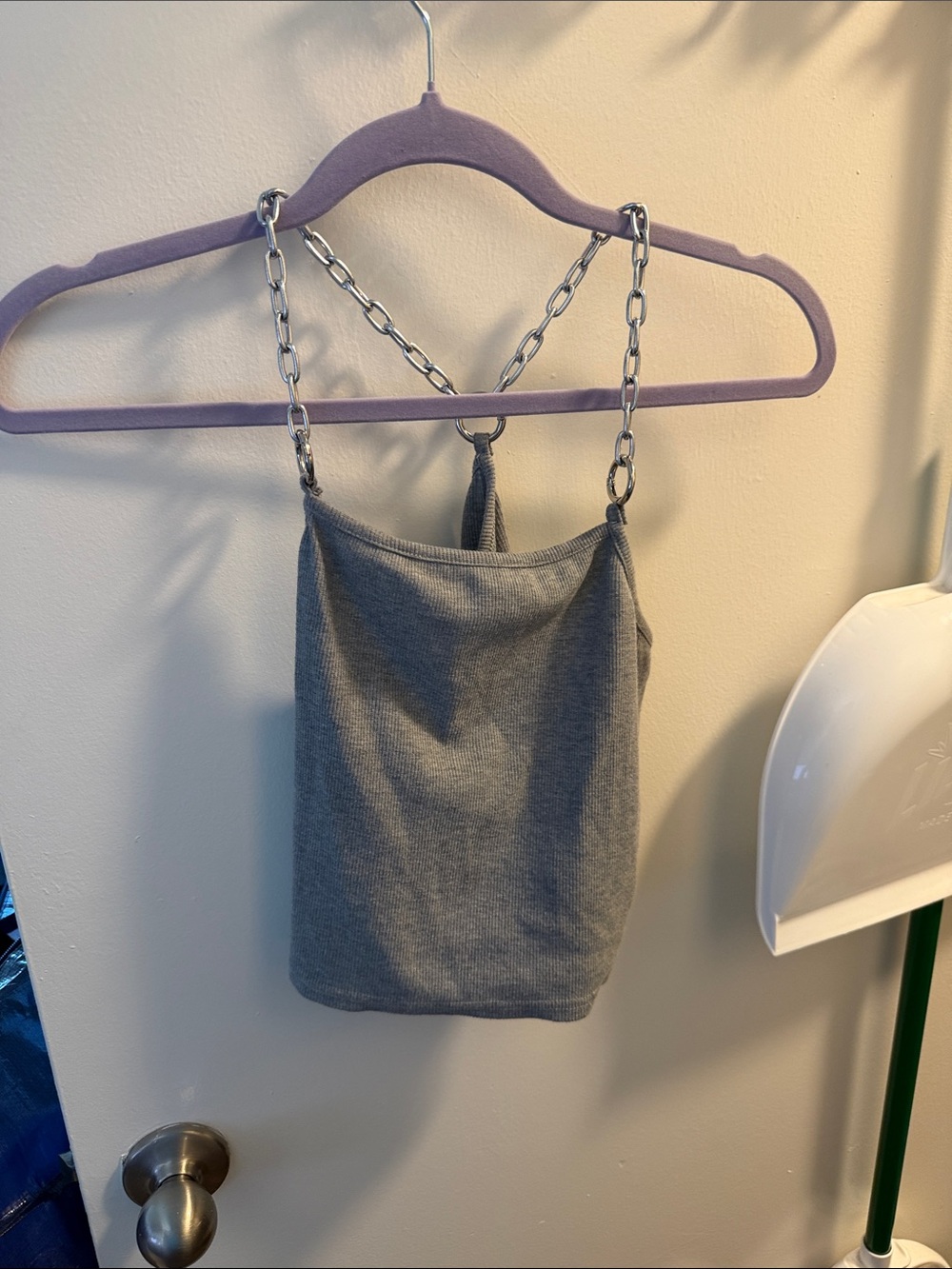 Gray Ribbed Tank Top with Silver Chain Straps